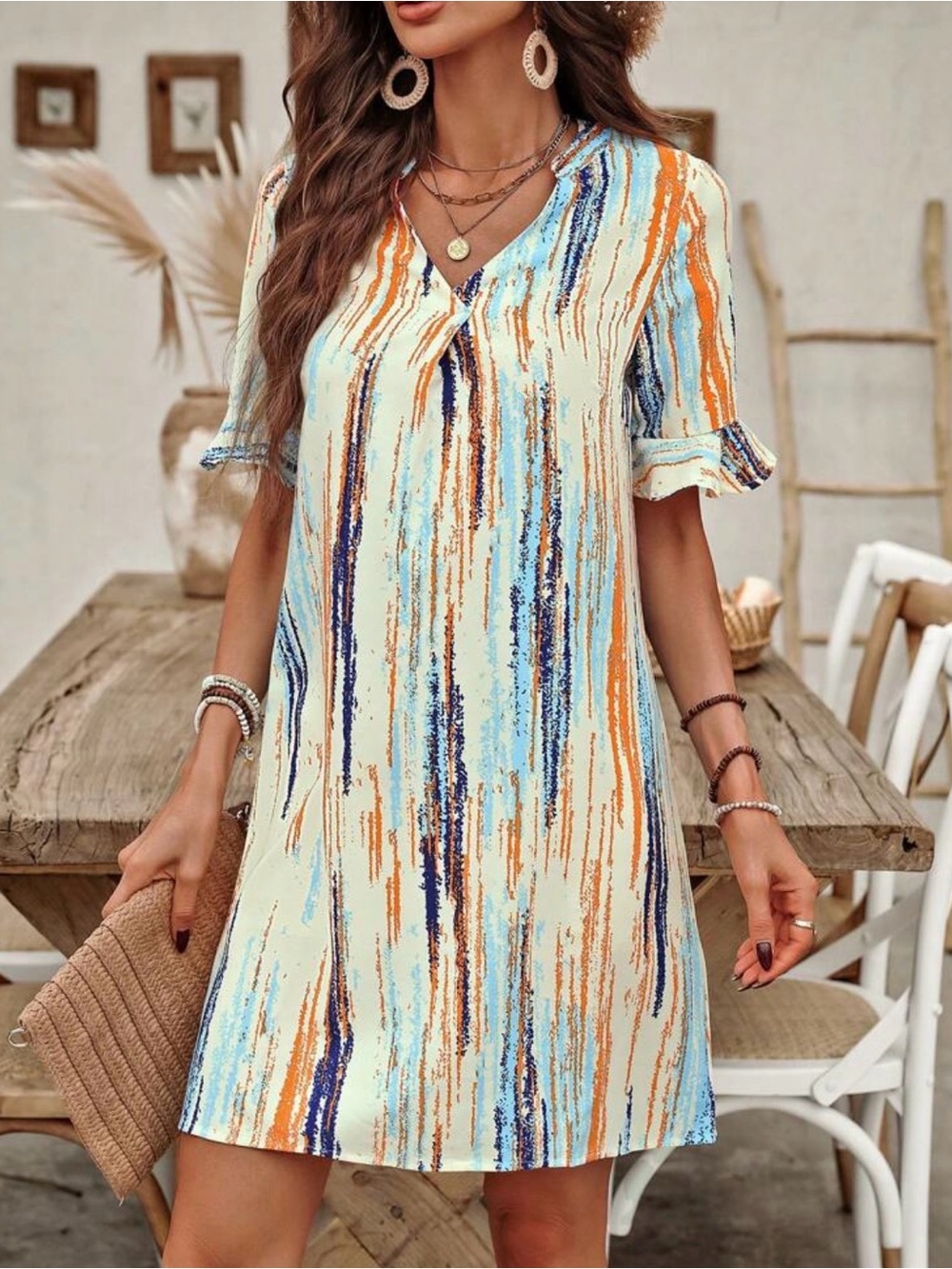 Blue Orange Abstract Stripe Midi Dress - Picture 1 of 3